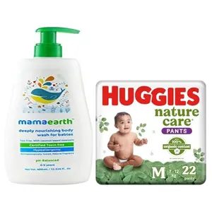 Huggies Nature Care Pants for Babies Medium (M) Size Baby Diaper Pants 22 Count & Mamaearth Deeply nourishing natural baby wash (400 ml 0-5 Yrs)