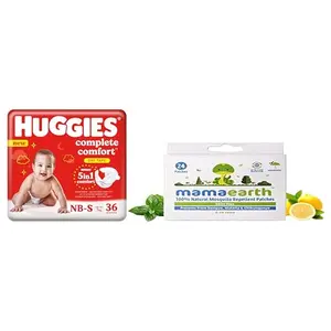 Huggies Complete Comfort Dry Tape Newborn - Small (NB-S) Size Baby Tape Diapers 36 count & Mamaearth Natural Repellent Mosquito Patches For Babies with 12 Hour ProtectionWhitePack of 1