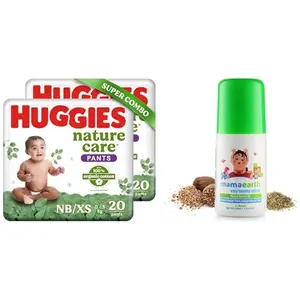 Huggies Nature Care Pants for Babies Extra Small (XS) Combo Pack of 2 20 Count Per Pack (40 Count) & Mamaearth Easy Tummy Roll On Oil - 40ml