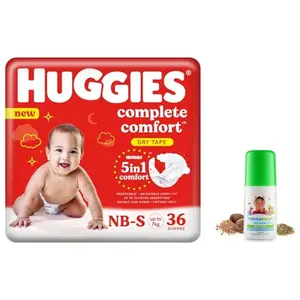 Huggies Complete Comfort Dry Tape Newborn - Small (NB-S) Size Baby Tape Diapers 36 count & Mamaearth Easy Tummy Roll On Oil for Colic & Gas Relief with Hing & Fennel Oil 40ml (For external use)