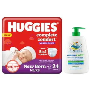 Huggies Complete Comfort Wonder Pants Extra Small (XS) Size Baby Diaper Pants (24 count) & Mamaearth Deeply nourishing natural baby wash (400 ml 0-5 Yrs)