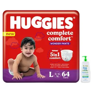 Huggies Complete Comfort Wonder Pants Large (L) Size Baby Diaper Pants (64 count) with 5 in 1 Comfort & Mamaearth Gentle Cleansing Natural Baby Shampoo 400ml (White)
