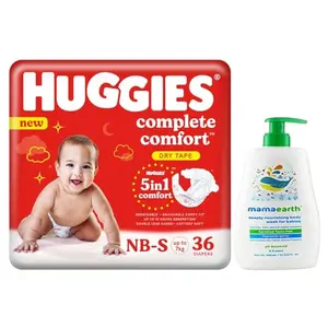 Huggies Complete Comfort Dry Tape Newborn - Small (NB-S) Size Baby Tape Diapers 36 count & Mamaearth Deeply nourishing natural baby wash (400 ml 0-5 Yrs)