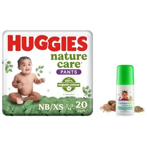 Huggies Nature Care Pants for Babies Extra Small (XS) Size Baby Premium Diaper Pants 20 Count & Mamaearth Easy Tummy Roll On Oil - 40ml