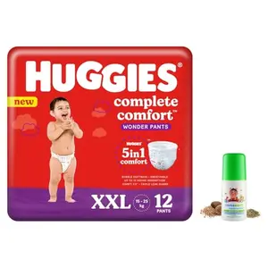 Huggies Complete Comfort Wonder Pants Double Extra Large (XXL) 12 count & Mamaearth Easy Tummy Roll On Oil for Colic & Gas Relief with Hing & Fennel Oil 40ml (For external use)