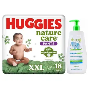 Huggies Nature Care Pants for Babies - Double Extra Large (XXL) Size Baby Diaper Pants - 18 Count & Mamaearth Gentle Cleansing Natural Baby Shampoo - 400ml (White)