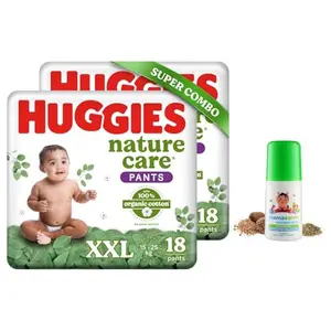 Huggies Nature Care Pants for Babies Double Extra Large (XXL) Combo Pack of 2 18 Count Per Pack (36 Count) & Mamaearth Easy Tummy Roll On Oil - 40ml