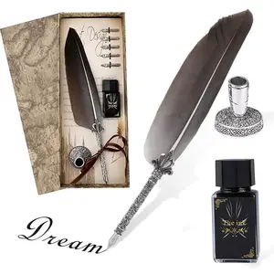 HASTHIP Handmade Quill Feather Pen Set Antique Calligraphy Writing Quill Pen with Ink 5 Replacement Nibs Vintage 2 Envelopes Pen Nib Base 4 Writing Papers in Gift Box (Black Feather)