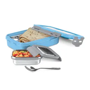 MILTON Steely Super Deluxe Insulated Inner Stainless Steel Big Tiffin Box 500 ml with Inner Stainless Steel Container 175 ml and Spoon Sky Blue | Kids Lunch Box | Easy to Carry | Easy to Clean