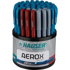 Hauser Aerox 0.6 mm Ball Pen Stand | Light Weight Ball Pen | Comfortable Grip With Smudge Free Writing | Sturdy Refillable Ball Pen | Blue Black & Red Ink Set of 50 Ball Pen