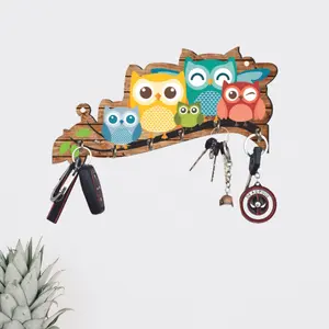 Webelkart Premium 'Owl Family' Decorative Wooden Printed Key Holder for Home Decor Key Hangers Keychain Holder Key Stand & Key Holder for Wall Owl Key Holder (25 cm 6 Hooks)