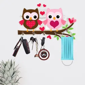 Webelkart Premium 'Owl Family' Wooden Key Holder for Home Decor Key Hangers Keychain Holder Key Stand & Key Holder for Wall (25 cm 5 Hooks)