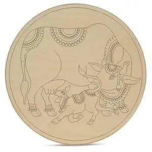 3Millions Pre Marked Kamdhenu Cow with Calf Design Round MDF Wooden Boards Base Laser Cutout for Art & Craft Painting Work Best Home Decor & Festival Decoration