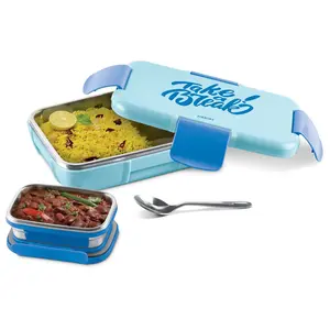 MILTON Snap Lock Insulated Inner Stainless Steel Tiffin Box 800 ml with Inner Stainless Steel Container 175 ml and Spoon Blue | Food Grade | Easy to Carry | Easy to Clean