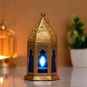 Webelkart Premium Moroccan Gold Orange Color Metal Iron Lantern Tea Light Holder with Free Bonus tealight | Tealight Candle Holder for Home and Office Decor (Orange 6.5 in)