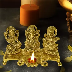 DreamKraft Metal Gold Plated Lakshmi Saraswati Ganesh with Deepak for Pooja and Festive Decoration Standard Gold