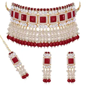 Sukkhi Traditional Wedding Wear Square Shape with Maroon Beads Choker Necklace & Earring Maangtikka Set(NS104837) One Size Metal Faux Beads