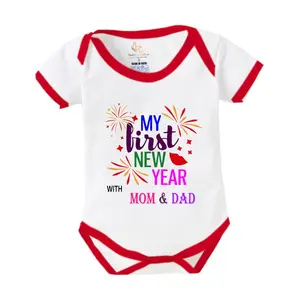 Christmas Vibes My First New Year Romper Clothes Newborn Outfit My 1st New Year Printed Romper with Envelop Neck Half Sleeve Unisex Onesies Infant Dress My First New Year with Mom & Dad