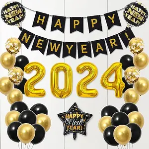 Christmas Vibes Happy New Year Decorations 2024 New Years Eve Decorations 2024 Black and Gold New Years Eve Party Supplies with 2024 Sign Foil Balloonsfor 2024 New Years Party Decor