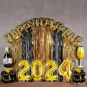 Christmas Vibes Happy New Year 2024 Decoration Kit - 41 Pcs Black and Golden Happy New Year 2024 Balloon Kit DIY Decoration Party Kit Happy New Year Banner Bottle Ballloon Decor Items for Home or Office Decorations
