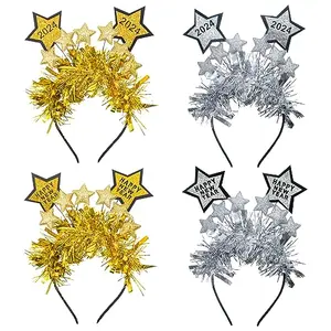 Christmas Vibes 4 PCS Happy New Year Star Headbands Tiara for Women Man Kids Golden Silver Glitter Sparkles Headwear Holiday Hair Hoops Accessories for Christmas 2024 New Year Eve Party Supplies