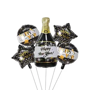 Christmas Vibes 5 Pcs Happy New Year Theme Foil Balloon items & Kit - 1 Ps Happy New Year Print Bottle Foil Balloon 2 Pcs Happy New Year Print Round Foil Balloon & 2 Pcs Happy New Year Print Star Foil Balloon for Happy New Year Decoration