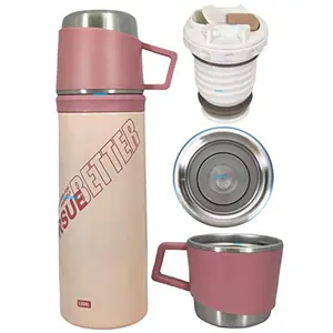 FunBlast Stainless Steel Vacuum Bottle for Hot & Cold Beverages  Double Wall Vacuum Insulated Hot and Cold Flask Bottle, Travel Mug, Tumbler with Cup Cap for Tea, Coffee (400 ML) (Pink)
