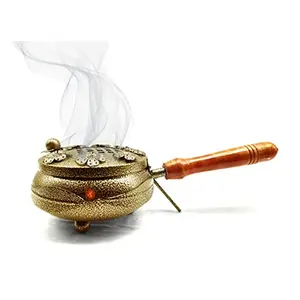 Besnik Arts Metal Charcoal Incense Burner, Bakhoor Burner, Sambrani Dhoop,Loban Burner, with Wooden Handle for Home Decoration,Temples,Offices & Prayer Butler. Size:4*8 Inch (Golden) (Style 1)