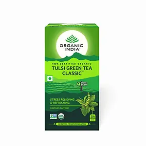 Organic India Tulsi Tea the original 100% certified Stress Relieving & Rejuvenating & Relaxing & Boosts Immunity & Soothing & Calming & Refreshing Uplifting (Tulsi Green tea (25))