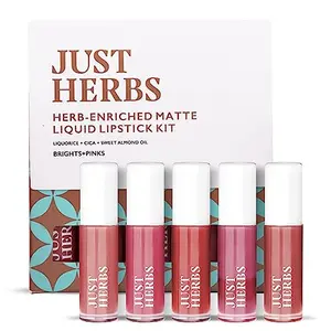 Just Herbs Organic Liquid Lipstick Kit Set of 5, Hydrating & Lightweight Lip Color - Paraben & Silicon Free - 1.6 fl oz. (Brights & Pinks)