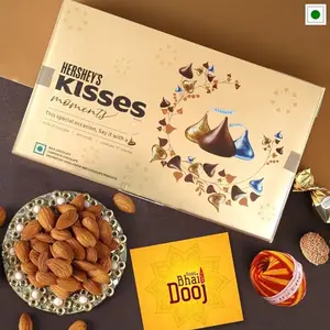TIED RIBBONS Bhai Dooj Gift Set for Brother with Almonds Hersheys Kisses Moments Chocolates (12 pcs) Box Greeting Card and Moli Roli Chawal Hamper