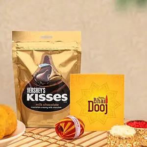 TIED RIBBONS Bhai Dooj Gift Set for Brother with Hershey Kisses Chocolates Greeting Card Kalawa Moli and Roli Chawal Tika Hamper