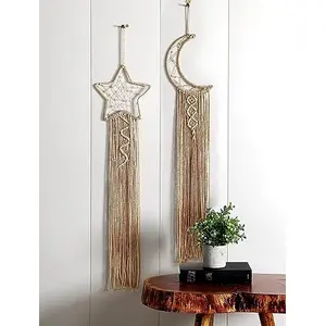The Decor Hub Ak-Eneterprises Attitude Is Everything 2 Pc Star And Moon Macrame Wall Tapestry Home Room Decor Hand Craft Hanging Macrame (Beige 37 Inch)