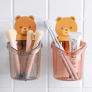 The Magic Makers Toothbrush Holder (Set Of 2 Pcs) Plastic Stand For Toothpaste Comb Brush Cream Lotion Kids Bathroom Cup Drain Waterproof Self-Adhesive Teddy Bear