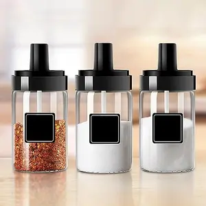 The Magic Makers Spice Box Glass Jars (Set Of 3 Pcs) Multipurpose Masala Seasoning Box Set With Attached Spoons See-Through Container Leak Proof (300 Ml Each)