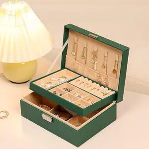 The Magic Makers Wardrobe Jewellery Organiser Leather Storage Box With Lock & Key Double Layer Jewelery Box For Gold Chain Rings Earrings Necklace Green