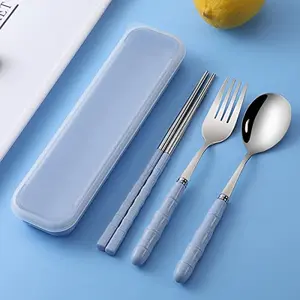 The Magic Makers Spoon Set Premium Stainless Steel Cutlery Set Of 3 Pcs Re-Usable (Spoon Fork Chopsticks Travel Spoon Box) Portable Tableware For Men Women Office Home School Kids Blue