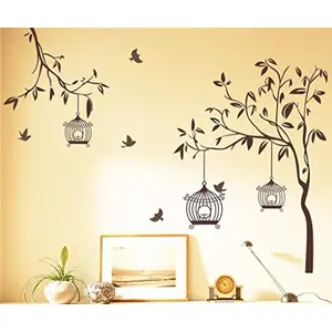 The Magic Makers Tree With Birds And Cages' Wall Sticker (Pvc Vinyl 30 Cm X 90 Cm Brown)