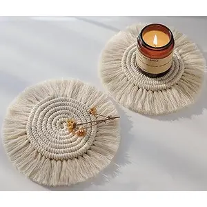 The Decor Hub Hut'S Macrame Round Coasters Bohemian Style Handmade Absorbent Than Wood Steel Stone Material Big Size 6" (Off-White Set Of 2)