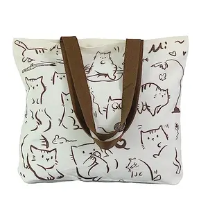 The Magic Makers Reusable Shopping/Grocery Tote Bag With Pocket Shoulder Cotton Handbag Zipper Closure Travel Bag Multi-Purpose Funny Cat