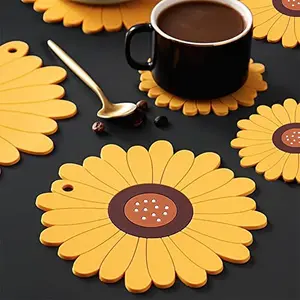 The Magic Makers Table Coasters Set Of 2 Sunflower Heat Insulation Pad For Big Hot Pots & Pans Casserole/Bowl/Placemats/Tea Coasters Pvc Anti-Slip (15.5 X 15.5 Cm) Waterproof