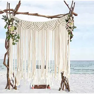 The Decor Hub Fabric Striped Curtain Macrame Door Curtain | Large Wedding Backdrop Wall Hanging Tapestry White | Macrame Window Curtain | Outdoor Backyard Party Home Deco 85X110Cm Ivory