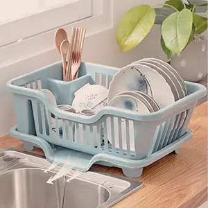 The Magic Makers Plastic Dish Drainer Drying Rack 3 In 1 Kitchen Sink Organisers Water Drain Tray Cutlery Spoon Holder Washing Sink Basket Utensils Plate Blue