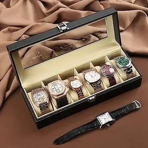 The Magic Makers Watch Box For Men & Women 6 Slot Pu Leather Watch Box Organiser Holder Luxury Black