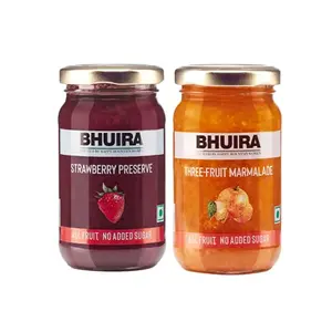Bhuira|All Natural Jam Strawberry Preserve & Three Fruit Marmalade-240g each|No Added Sugar|No Added preservatives |No Artifical Color Added |Pack of 2