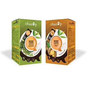 Chaizup Instant Cardamom & Ginger Premix Tea - Pack of 2 X 10 Sachets of Karak Ready to Drink Chai with Cardamom or Ginger Low Sugar Hot Instant Tea Anytime Anywhere with Aroma and Taste