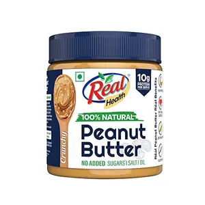 Real Health 100% Natural Peanut Butter (Crunchy) - 350gm | Unsweetened | High Protein with 10g Protein per serve | For Fitness conscious | Zero Trans Fat | Gluten Free | Non-GMO Peanuts