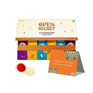 Open Secret Bhaidooj Gift Hamper with Chocolate Cookies | Tika Set Roli Chawal Bhai dooj Card | Bhaiya Tikka Thread Special Combo Pack | Healthy Gift Hamper for Brother Sister