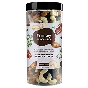 Farmley Premium Mixed Dry Fruits Panchmeva Superfood Tasty & Trail Mix Healthy Snacks Contains AlmondCashewDatesGreen And Black Raisins 450 Gm