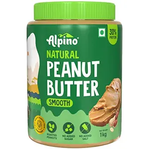 ALPINO Natural Peanut Butter Smooth 1kg - Made with 100% Roasted Peanuts - 30g Protein No Added Sugar & Salt non-GMO Gluten Free Vegan Plant Based Unsweetened Peanut Butter Creamy
